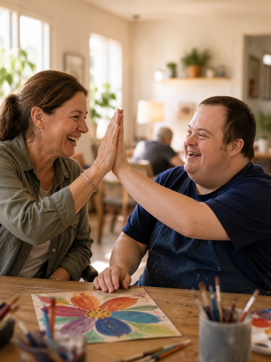 Adults in a day program for adults with disabilities working together at a table